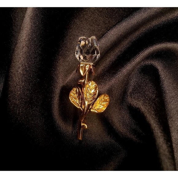Vintage SWAROVSKI Signed Crystal Gold Tone Tulip Rose Flower Brooch Pin - Picture 2 of 4